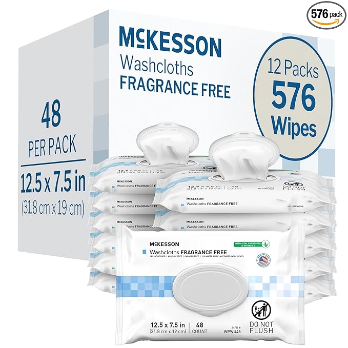 McKesson Washcloth Wipes, Unscented - Disposable Wet Wipes for Adults - Fragrance-Free, Paraben-Free - No-Rinse Formula, 48 Count, 12 Packs, 576 Total