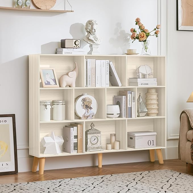 LEYAOYAO 10 Cube Bookshelf,Mid-Century Modern Bookcase with Legs,Light Grey | 3 Tier Book Shelf, 55" Wide Rustic Wood Bookshelves Large Storage Organizer, Open Shelves for Bedroom, Living Room, Office