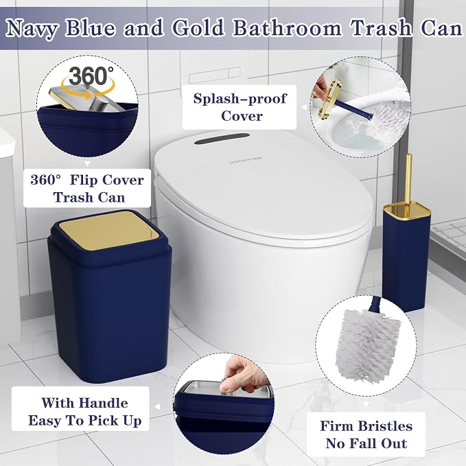 XLHOMO Bathroom Set - Navy Blue Bathroom Sets with Shower Curtain and Rugs, 24PCS Shower Curtain Set with Hooks, Soap Dispenser, Soap Dish, Toilet Brush Holder and Trash Can for Housewarming