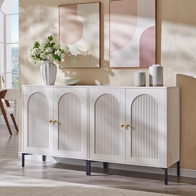 IFGET 61.75" W Modern Arched Sideboard Buffet Cabinet with Storage, White | Fluted Arch Sideboard Cabinet w/Adjustable Shelves, Wooden Modular Kitchen Cabinet for Dining& Living Room, Entryway
