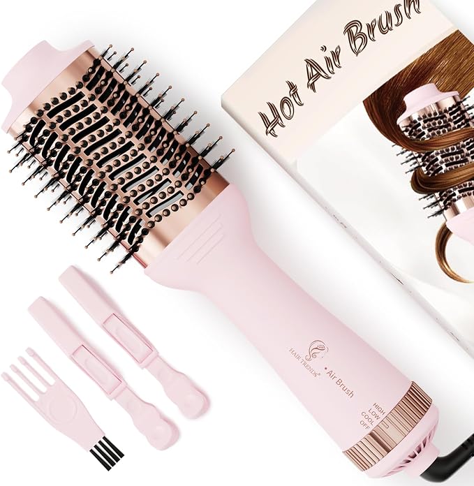 Big Size 1200W Dual Voltage Hot Air Brush Dryer, 120-240V 4 in 1 Ionic Blowout Hair Dryer Brush & Styler Volumizer with 75MM Oval Titanium Barrel for Long & Thick Hair
