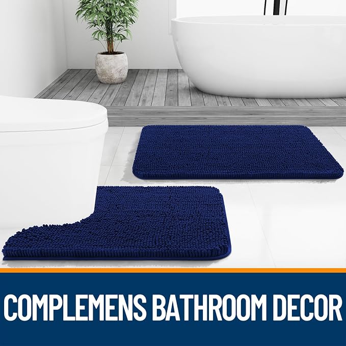 OLANLY Toilet Rugs U-Shaped 24x24, Extra Soft Absorbent Chenille Contour Bathroom Rugs for Toilet, Dry Quickly, Machine Washable, Non-Slip Bath Mat, Navy
