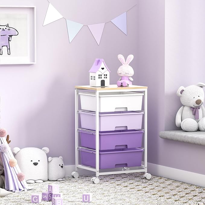 Utility Cart with 4 Drawers,Rolling Storage Cart with Drawers,Storage Rolling Drawer Cart with Wooden Tabletop for Bedroom,Kid's Room,Dorm,Classroom,Office, Purple