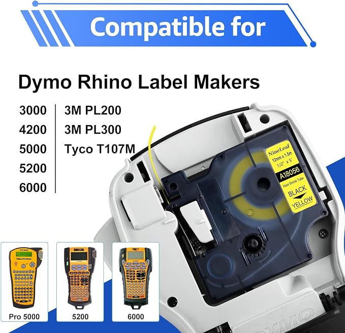 NineLeaf 5 Pack Compatible Labels Tape Replacement for Dymo 18056 1/2 inch Black on Yellow Heat Shrink Tube Labels 12mm x 1.5m for Wires and Cables Use in Rhino 4200 5200 5000 6000 3M Label Maker