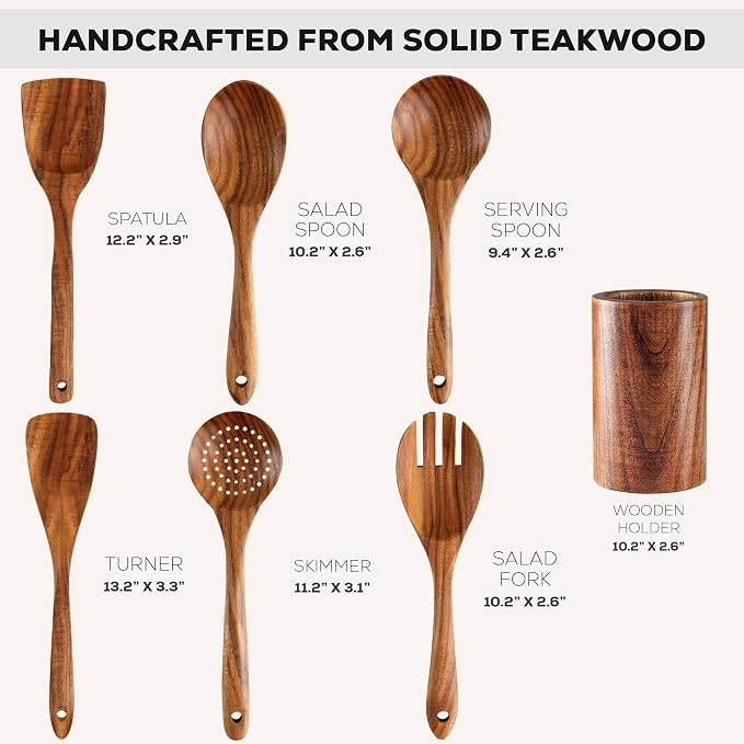 Zulay Kitchen 7-Piece Wooden Cooking Spoons Set – Heat-Resistant, Smooth Teak Utensils with Comfort Grip – Lightweight & Durable – Easy to Clean, Perfect for Non-Stick Cookware