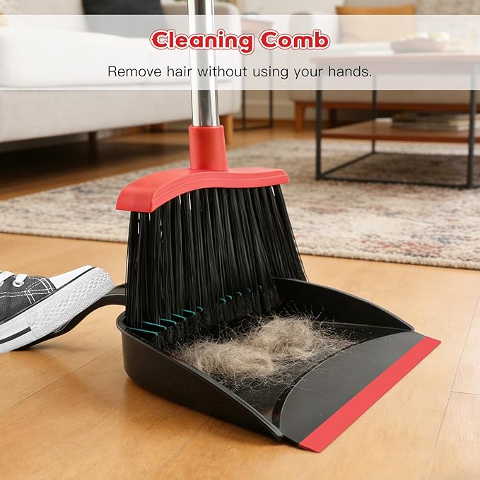 Broom and Step-on Dustpan Set, 59-in Adjustable Long Handle Broom with Dustpan Combo Set Outdoor Angle Broom for Sweeping Indoor Dust Pet Hair for Cleaning Kitchen Garage Deck Patio, Black&Red