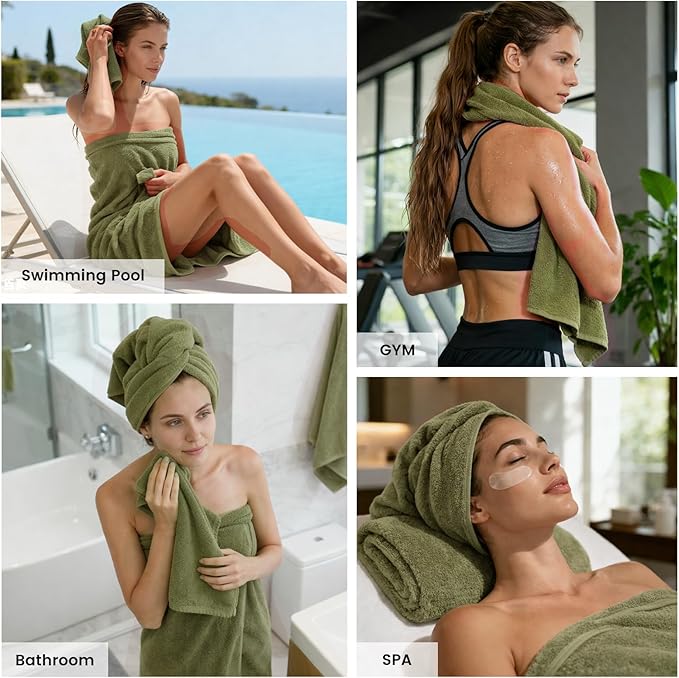 SEMAXE Bath Towel Set, 12 Piece Cotton Towel Set for Bathroom, More Towels for Family Use, Quick Dry with Hanging Loops, Easy Care, Green