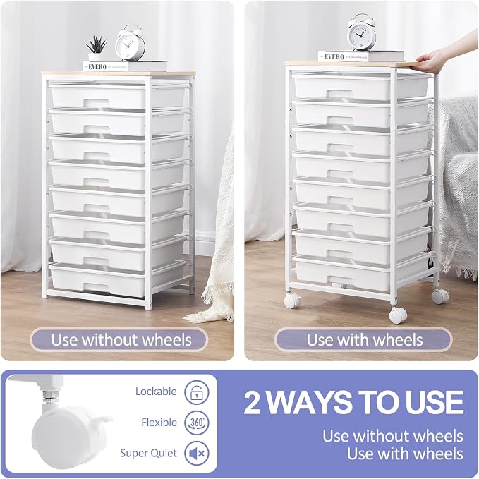 SYKIARIOL Rolling Storage Cart with Drawers,Utility Cart With 8 Drawers and Wooden Tabletop,Rolling Drawer Cart,Storage Drawer Cart for Living Room,Classroom,Bedroom,Bathroom,Dorm,Office,White