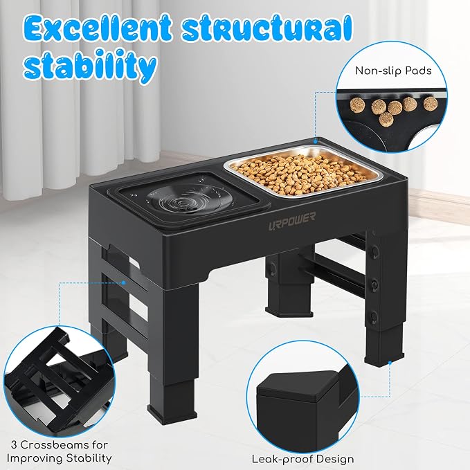 URPOWER 2-in-1 Elevated Dog Bowls 4 Height Adjustable Raised Dog Bowls | Stainless Steel Food Bowl with No Spill Water Bowl and Non-Slip Stand for Small Medium Large Dogs