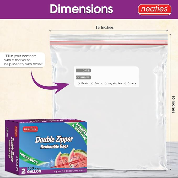 2 Gallon Resealable Bags – XL Heavy Duty Freezer Bags with Dual Zipper – 13x16" Extra Large with Writable Space for Kitchen or Home Storage – BPA-Free Food Grade Plastic – 100 Pack