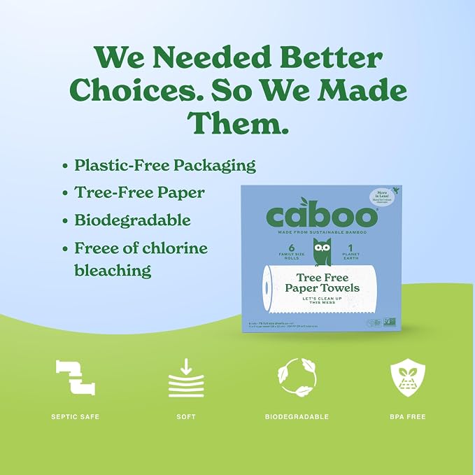 Caboo Tree Free Paper Towels, 6 Family Size Paper Towel Rolls, 2 Ply Sheets | Made with Bamboo Viscose, Plastic Free Packaging, Strong & Super Absorbant, Hypoallergenic, BPA & Chemical Free