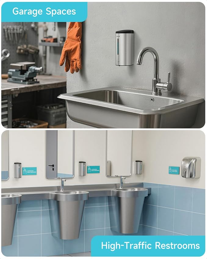 AIKE Automatic Liquid Soap Dispenser,25oz Capacity for Bathroom,Brushed | No-Drill and Screw Wall Mount Install Design for Space-Saving,4*AA batteries(Not Included) Ensure Long Standby,Model AK1205E