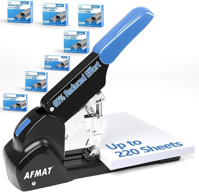 AFMAT Heavy Duty Stapler, 220 Sheets Capacity Stapler for Classroom, 60% Reduced Effort, Jam Free, Adjustable Paper Depth, Metal Desk Office Staplers w/ 50,000+ Uses, Includes 7000Pcs Staples, ES15
