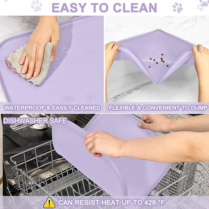 SMILOOL Waterproof Silicone Pet Food Mat with Raised Edge for Dog & Cat | 19" x 12" Non-Slip Pet Feeding Mats with Lip for Food & Water Bowl, Food Grade, Easy Cleaning, Light Purple