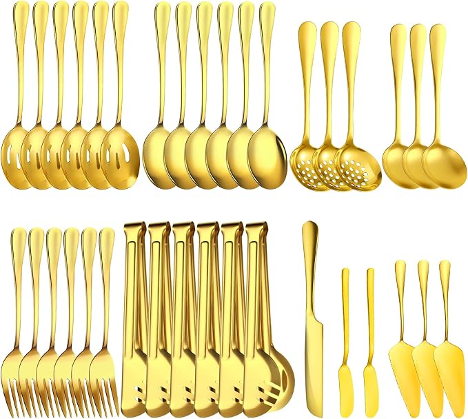 36-Piece Gold Serving Utensils Set, Stainless Steel Buffet Serving Spoons with Tongs Forks Ladle – Dishwasher Safe Serveware for Wedding, Party, Catering, Holiday Gatherings