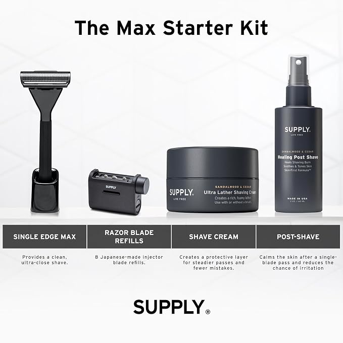 SUPPLY Single Edge Max Shaving Starter Kit for Men – Includes Safety Razor in Jet Black, 8 Black Label Blade Refills and Shaving Cream 3.4 oz & Post Shave Lotion 2 oz in Sandalwood & Cedar