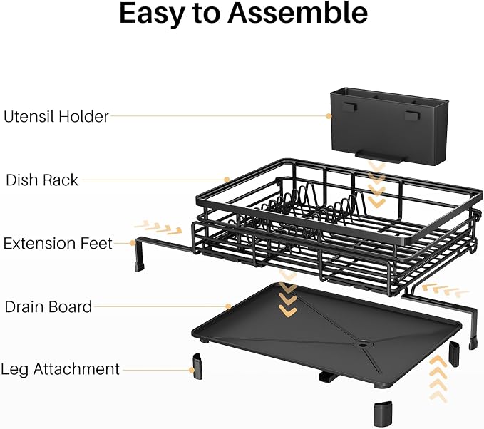 SNTD Dish Drying Rack - Extendable Dish Rack, Large Sink Drying Dish Drainer for Kitchen Counter, Stainless Steel Dish Strainer with Utensil Holder (Black)