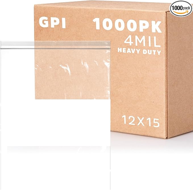 GPI - 12" x 15" - XL - Pack of 1000, 4 Mil Thick, Heavy Duty, Clear Plastic Reclosable Freezer Zip Bags, With White Block for Labeling, Strong & Durable Poly Baggies With Resealable Zipper Top Lock.