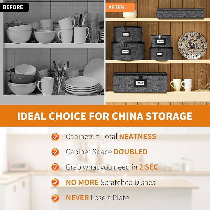 Aokeyee 6-Piece China Storage Containers Set, Hard Shell Moving Boxes for Dishes, Plates, Mugs & Flatware – Dinnerware Organizer with Soft Felt Dividers, Sturdy Handles & Zippers, Grey
