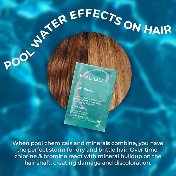 Malibu C Swimmers Wellness Remedy & After Pool Hair Care - Restoring & Hydrating Swim Treatment with Vitamin C Complex - Protects Against Discoloration from Chlorine, Salt Water, Build Up (12 Packets)