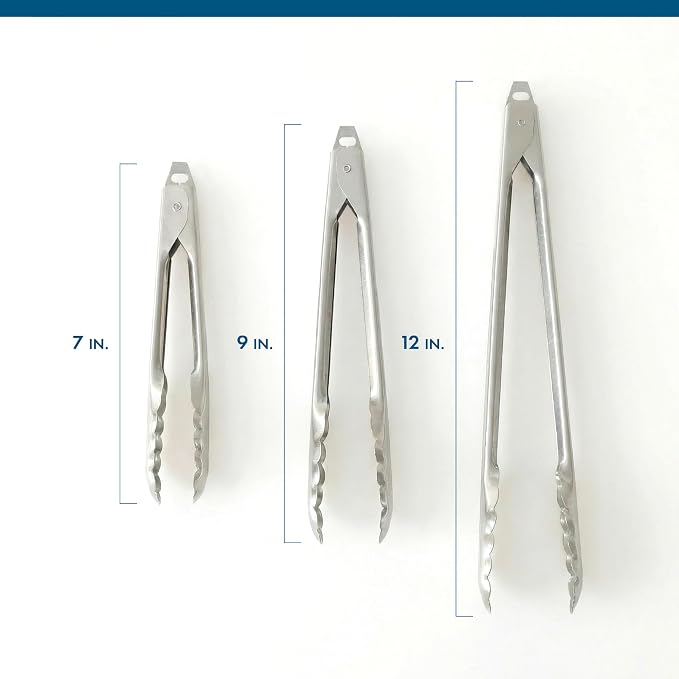 EDLUND 3-Pack Tong Set – Commercial Grade Stainless Steel Tongs (7", 9", 12"), Heavy Duty Grip, Locking Mechanism, Made in USA