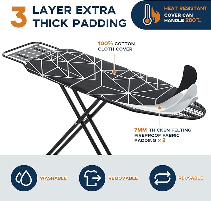 RAINHOL Ironing Board 43x13, Compact Iron Board Full Size with Heavy Duty Iron Rest, Thick Padded Cover, Adjustable Height, Sturdy Lightweight Steel Legs, Black