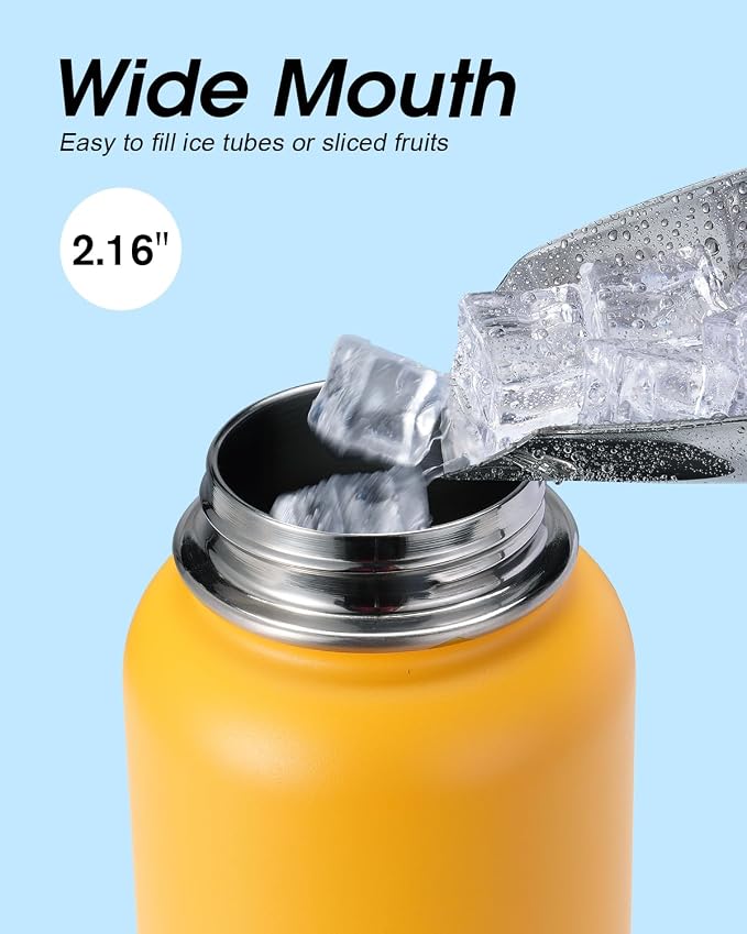 Water Bottle 40 oz Insulated with Straw&Brush, Coolflask Vaccum Stainless Steel Metal 3 Lids Water Flask for Sports, Gym or Office, Keep Cold 48H Hot 24H, Ombre Yellow/Orange