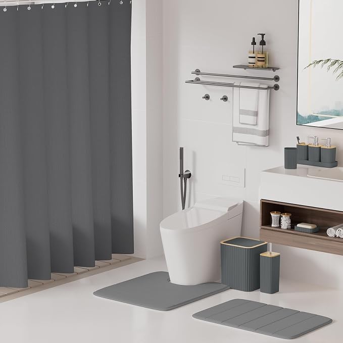 XLHOMO Bathroom Accessories Set - 25PC Grey Bathroom Set, Bathroom Set with Shower Curtain and Rugs, Grey Shower Curtain Set, Toilet Brush, Bathroom Trash Can