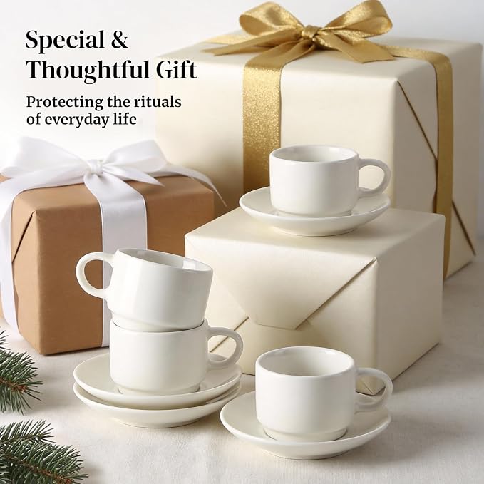 DOWAN 2.5 OZ Stackable Espresso Cups, Porcelain Coffee Cups with Saucers Set of 4, White Espresso Shot Cup, Tea Cups for Home, Office and Cafe Use