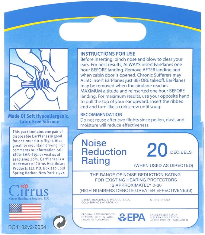 Original Adult EarPlanes by Cirrus Healthcare Earplugs Airplane Travel Ear Protection (1 Pair)