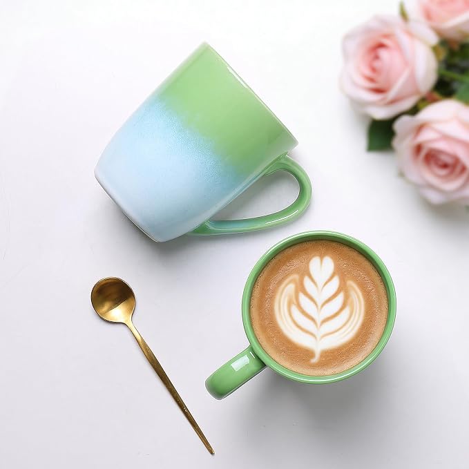 MONITO 17oz Ceramic Coffee Mugs Set of 6, Green Gradient Mugs with Handle | Mugs with Gold Rim for Latte,Tea&Cocoa,Dishwasher&Microwave Safe,Reactive Glaze Cups,Ideal Gift for Office and Home Use
