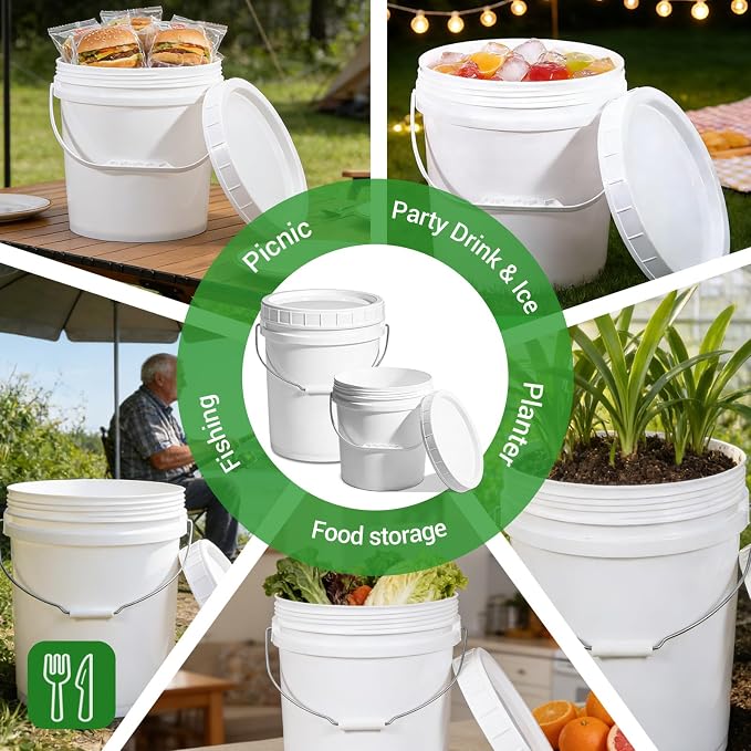 3 Pack 5 Gallon White Plastic Buckets with Lid & Metal Handle, 1 Pack 2.6 Gal Small Plastic Bucket with Spiral Lid & Handle Food Grade Storage Containers for Water, Cleaning, Halloween