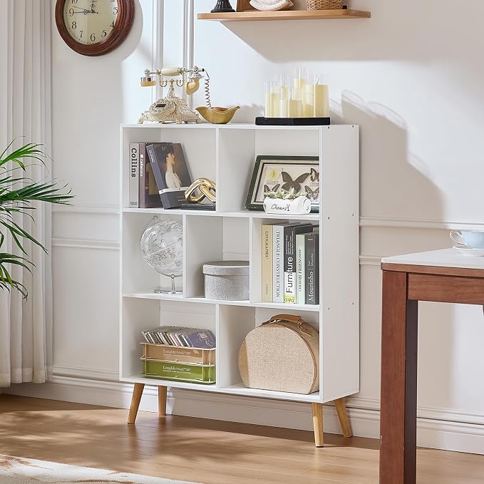 LEYAOYAO Cube Bookshelf, Mid-Century Modern Book Shelf with Legs, White | 3 Tier Bookcase, Rustic Wood Bookshelves Freestanding Small Storage Organizer, Open Shelves for Bedroom, Living Room, Office