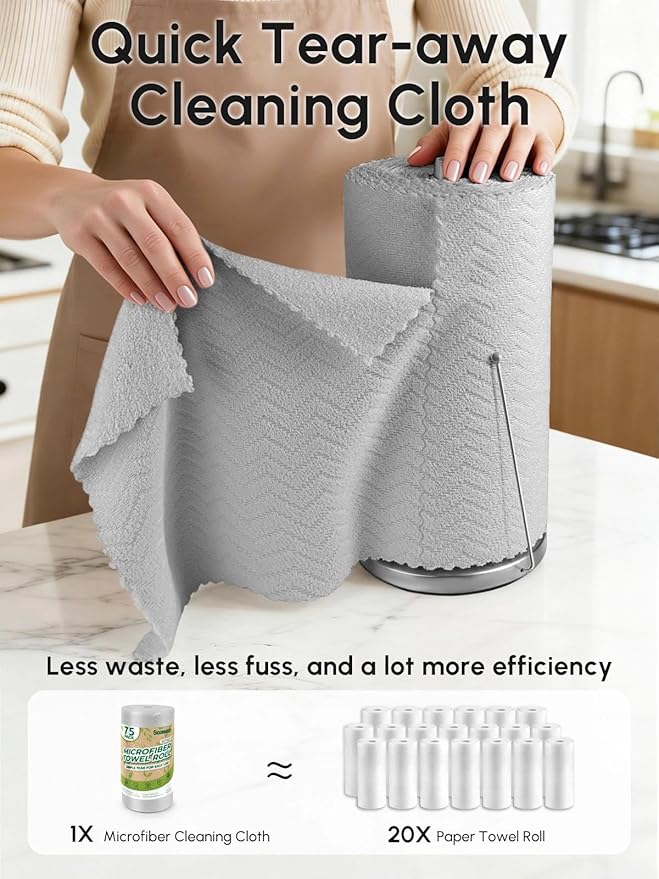 Microfiber Cleaning Cloths Roll, 75 Pack Tear Away Microfiber Towels Roll, 12" x 13" Lint Free Rags, Reusable Cleaning Cloths, Washable, Scratch Free,Ultra Absorbent Dish Rags(Grey Ripple)