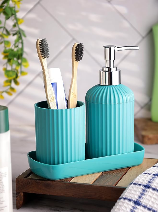Bathroom Accessories Set, Toothbrush Holder, Liquid Soap Dispenser & Tray, Unbreakable Plastic Organizer for Sink & Bathroom Essentials, Handwash, Sanitizer, Shampoo, Lotion (Blue,Pack of 3)