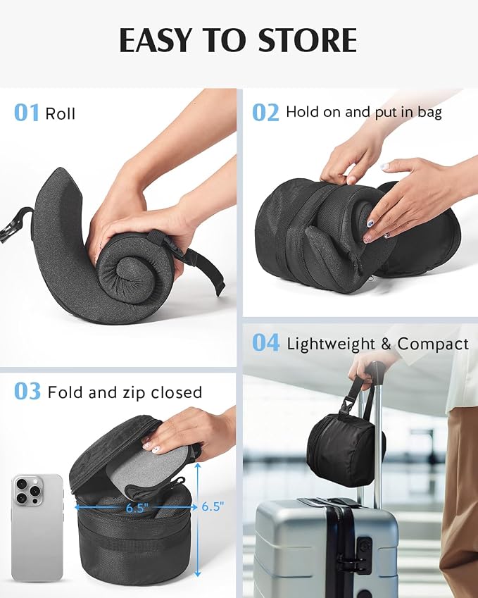 YFONG Travel Pillow for Long Flight Airplane, Head Strap Combo with 3D Contoured Sleep Eye Mask, Neck Pillow for Travel Essential, 360° Support Memory Foam Headrest, Prevent Bobbing, Drawstrap - Grey