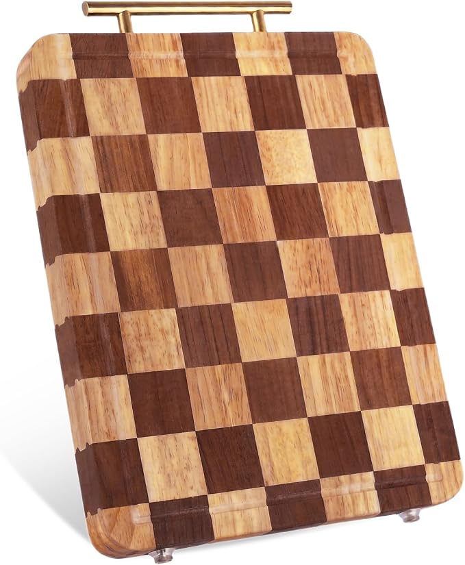 Checkered Cutting Board for Kitchen – 14.9"x 11"x 1.18" Rubber Wood Butcher Block with Juice Groove & Steel Handle, Heavy Duty Non-Slip Chopping Board for Charcuterie, Housewarming Gift