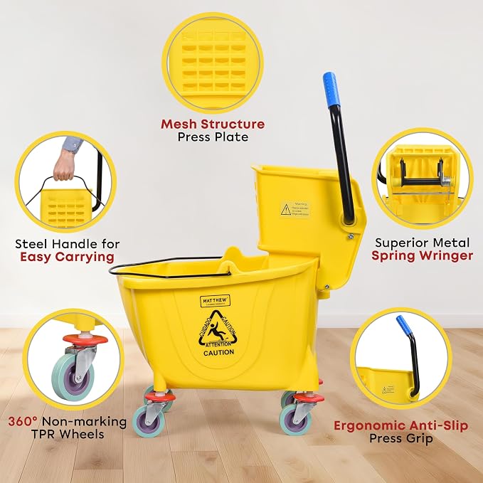 Matthew Cleaning 34 Quart Commercial Mop Bucket INCL.Wet String Mop with Side Press Wringer On Wheels,Heavy Duty Tandem Portable Floor Cleaning Wavebrake,Ideal for Household,Industrial,Restaurant