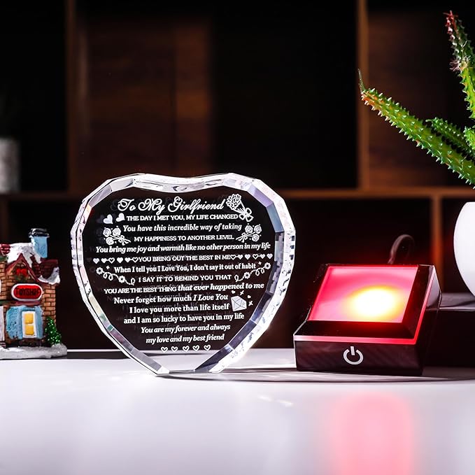 Girlfriend Gifts with Colorful LED Base Engraved to My Girlfriend Heart Crystal Keepsakes on Anniversary Birthday Valentine's Day Gifts for Girlfriend Romantic I Love You Gift for Her from Boyfriend