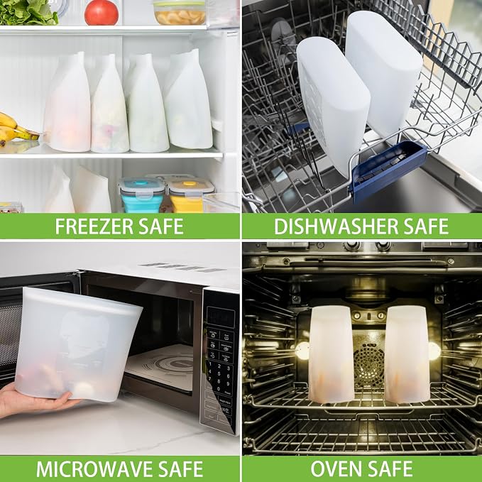 Reusable Food Storage Bags Half-Gallon, 4 Pack 100% Silicone Food Storage Bags Stand-Up Wide-Mouth Zip-Lock for Large Items, 67 fl.oz/2000 ml, Freezer Microwave Oven Dishwasher Safe, Translucent