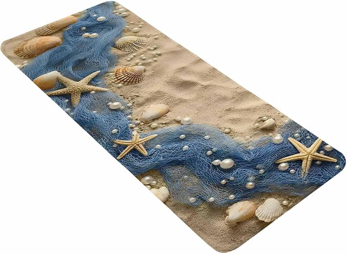 Hallway Runner Rug Indoor Outdoor 19.7"x63",Coastal Beach Absorbent Non Slip Floor Rug,Summer Nautical Blue Fishing Net Conch Low Profile Door Mat for Double Door Kitchen Laundry Room Corridor Mudroom