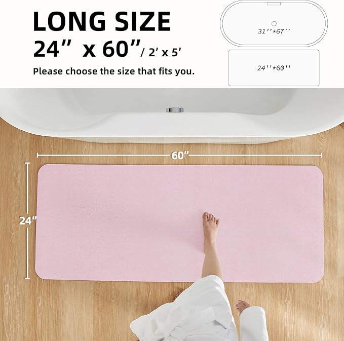 TYUU Pink Bath Mat, Bathroom Rugs Non Slip Washable Thin Absorbent Quick Dry Bath Mat Fits Under Door Bathroom Floor Mat Perfect for Bath, Shower, or Sink 24"x60" Pink
