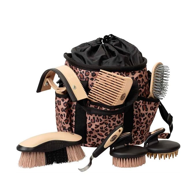 Weaver Equine Horse Grooming Kit, 7-Piece Horse Brush Set with Organizer Tote Bag, Hoof Pick, Comb, Sweat Scraper, Equine Tools for Daily Grooming, Leopard