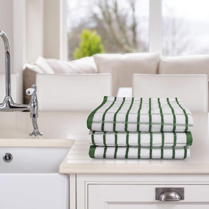 Urban Villa Kitchen Towels Cotton Dish Towels 20”x30” (Set of 3) Green Wht