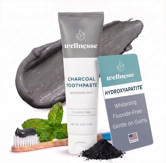 Hydroxyapatite Toothpaste, Charcoal, Whitening, Fluoride Free, Mint, 4 Oz | Wellnesse Activated Charcoal and Xylitol Formula, Adults, SLS Free, Remineralizing Enamel Care for Sensitive Teeth, Oral Care