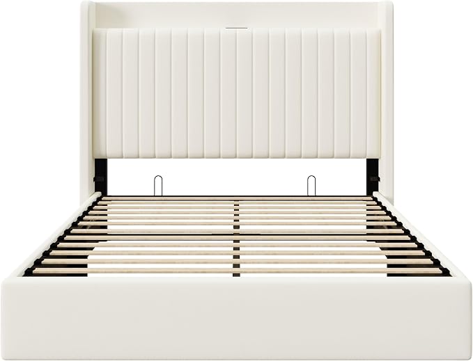 Allewie Queen Lift Up Storage Hydraulic Bed Frame,Charging Station,Cream | Storage Shelf Headboard with Charging Station,Type-C,USB Ports,Hydraulic Support,Velvet Upholstered,No Box Spring Needed