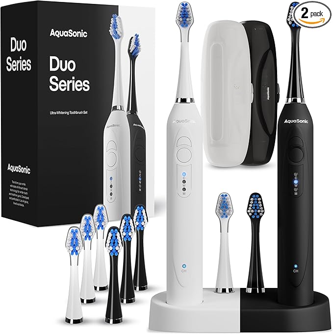 Aquasonic Duo - Dual Handle Ultra Whitening 40,000 VPM Wireless Charging Electric ToothBrushes - 3 Modes with Smart Timers - 10 Dupont Brush Heads & 2 Travel Cases Included