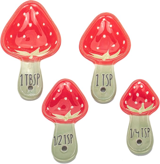 Sass & Belle Strawberry Measuring Spoons – Cute Ceramic Baking Measuring Cups and Spoons Set – 4-Piece Small Measure Cup Set for Cooking and Kitchen Use