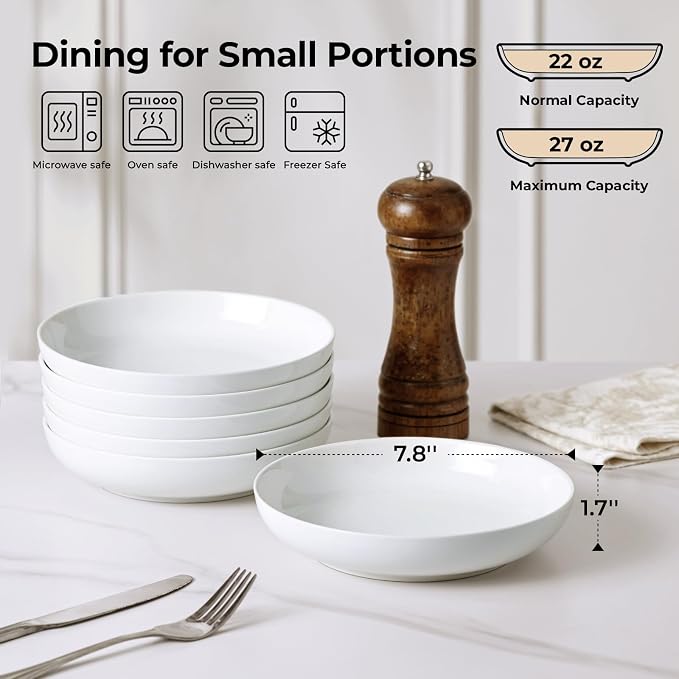 Y YHY 7.8'' Pasta Bowls for Small Portions, 22 Ounce Salad White Bowl Plates Set of 6, Porcelain Dishes for Serving Dinner - Dinnerware Sets Microwave Dishwasher Safe Thanksgiving Day Gift