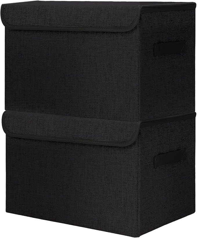 Bagnizer Large 42 Quarts Fabric Storage Bins with Lids [2-Pack] Linen Collapsible Foldable Storage Cubes, Closet Organizer Containers boxes with Handles for Home Office (16.7 x 12 x 12, Black)